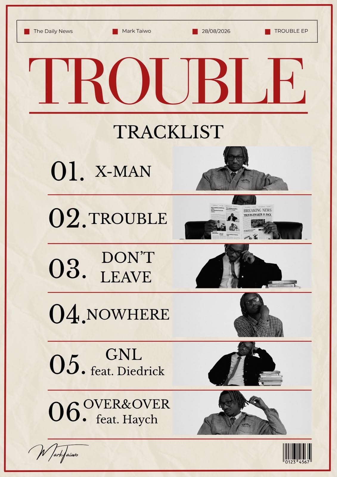 TROUBLE EP artwork by Mark Taiwo, laid out as a newspaper front page in red and cream